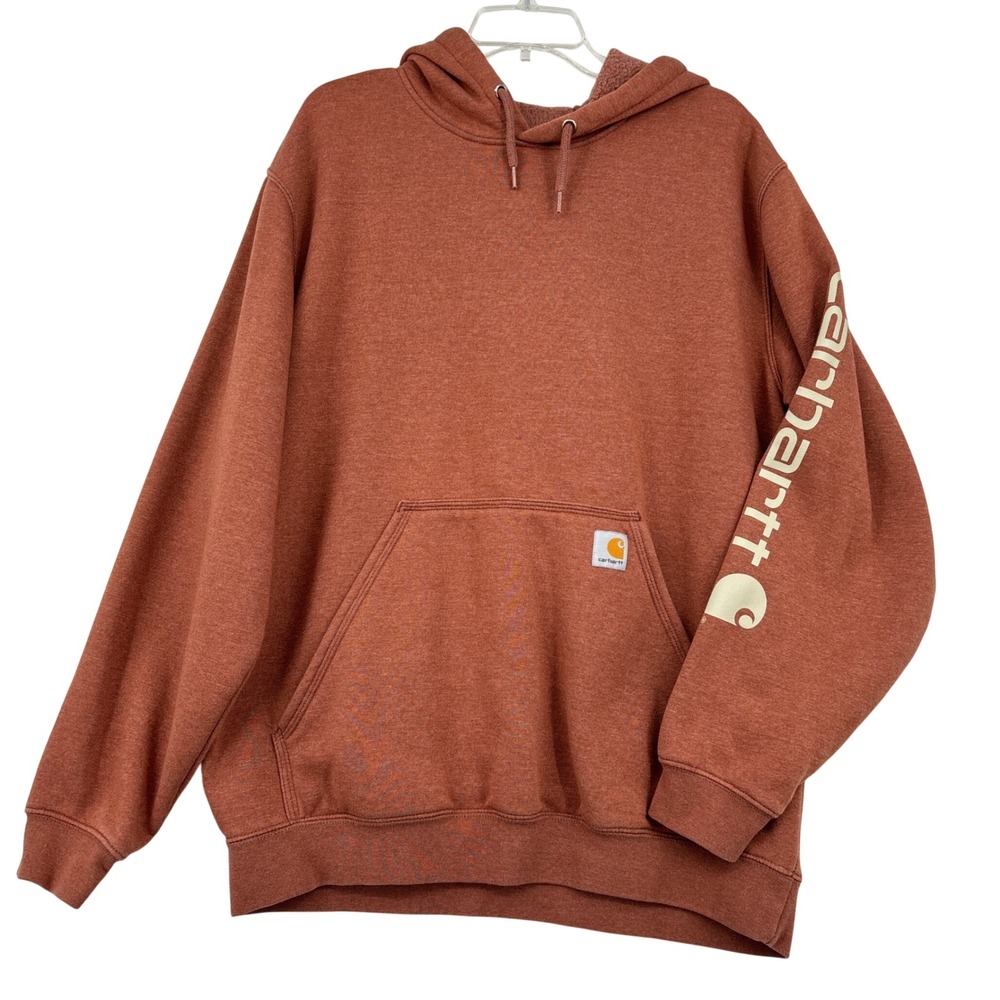 Carhartt Sweatshirt Mens L Rust Orange Loose Fit Hoodie Graphic Sleeve Logo